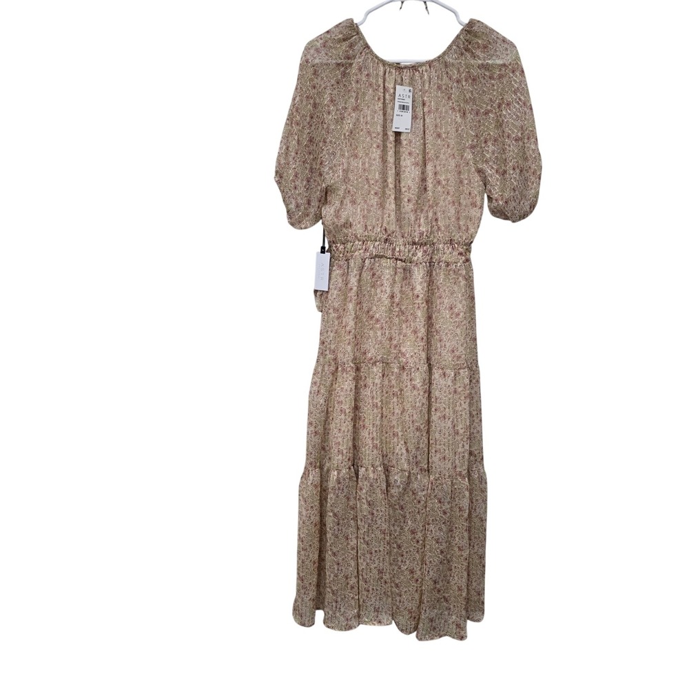 ASTR The Label Floral Metallic Pinstripe Tiered Midi Dress Pink Green Gold M‎